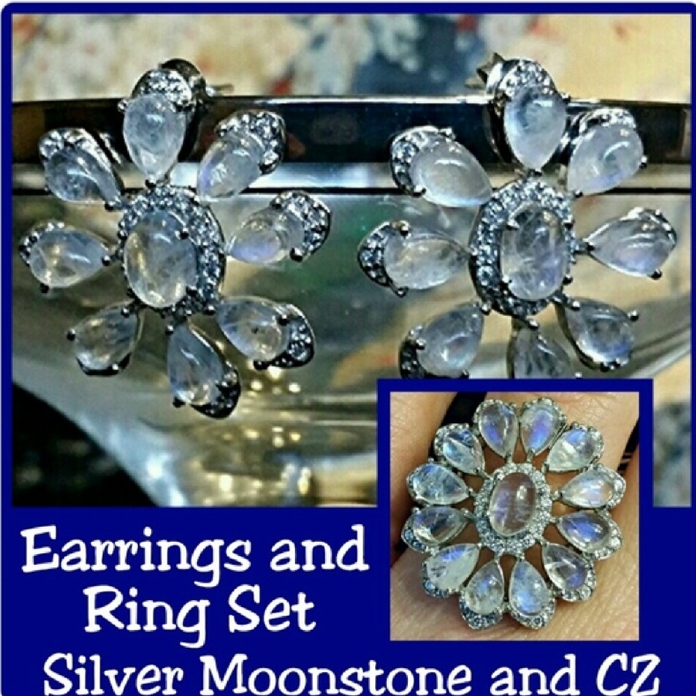 OOAK Silver Moonstone & CZ Ring and Earrings Set
